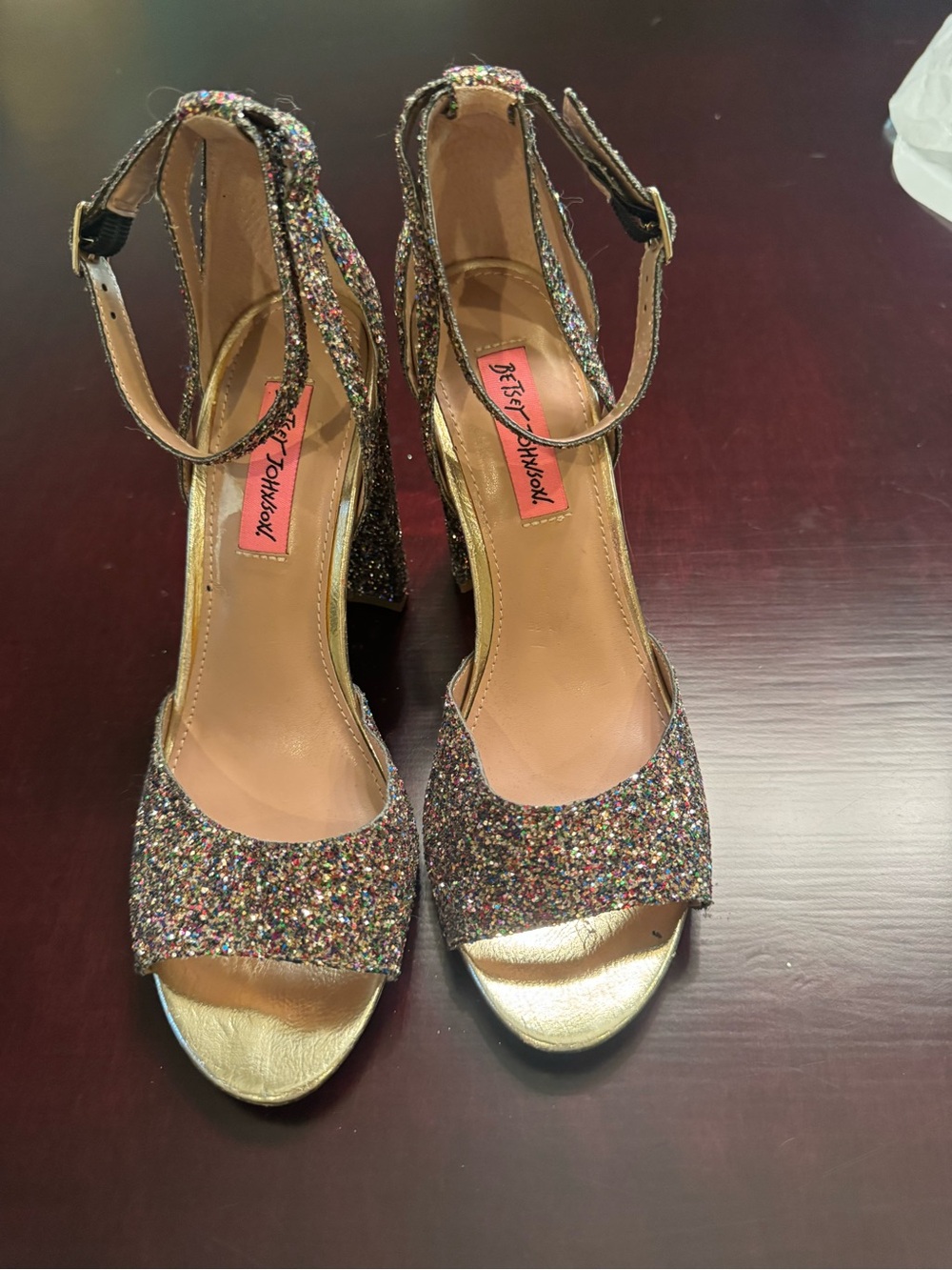 Betsey Johnson Multicolor Glitter Ankle-Strap Block Heels
